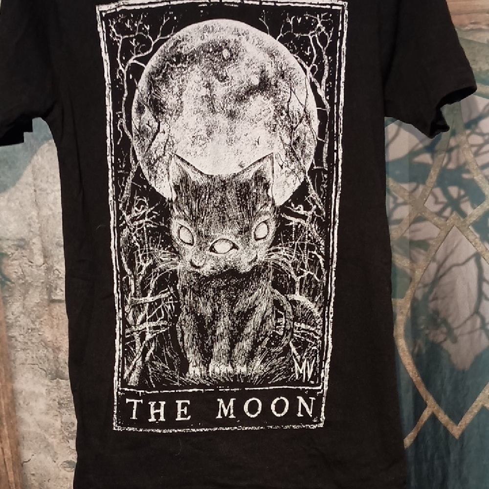 The Moon Black Graphic Tee with Cat and Moon Design